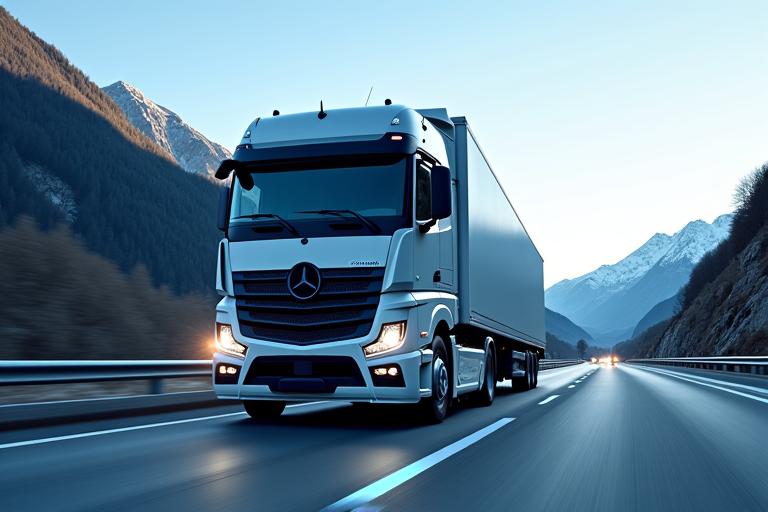 A heavy vehicle on a Swiss highway with data overlays for route optimization