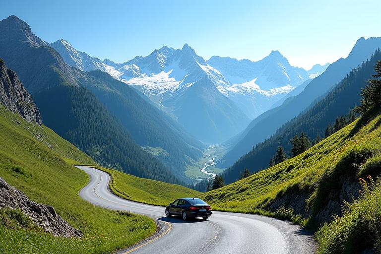A car driving on a beautiful, scenic mountain pass in the Swiss Alps